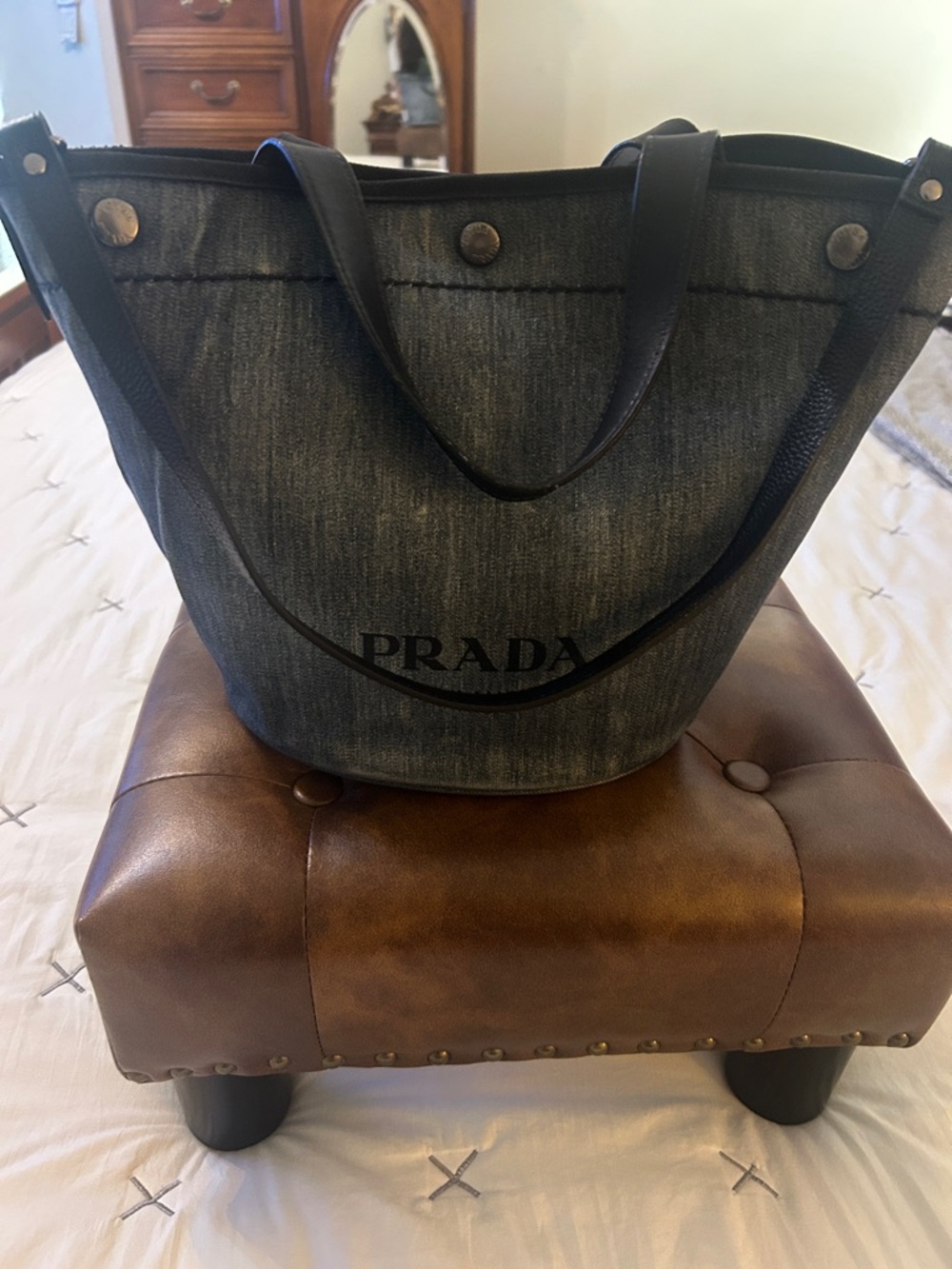 Authentic Prada Denim 2 Way Tote Bag w/ Removable Pouch - Picture 2 of 16